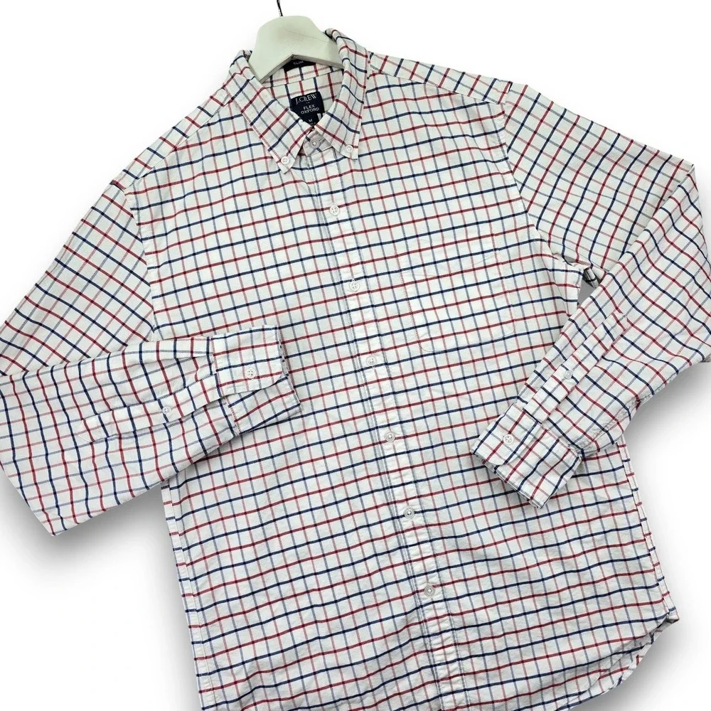 J.CREW Men Shirt M White Red Blue Plaid Flex Oxford Slim Fit Cotton Long Sleeve